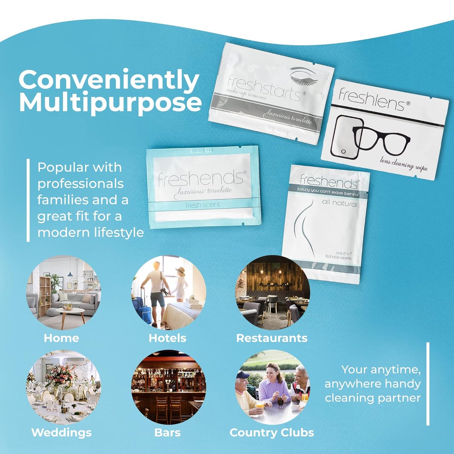 Freshends Flushable Individually Wrapped Wipes – 100 Bulk Pack Luxurious Towelettes, Guest Bathroom Essentials for Weddings, Restaurants, Bars & Clubs – Gray, Travel-Size, Disposable