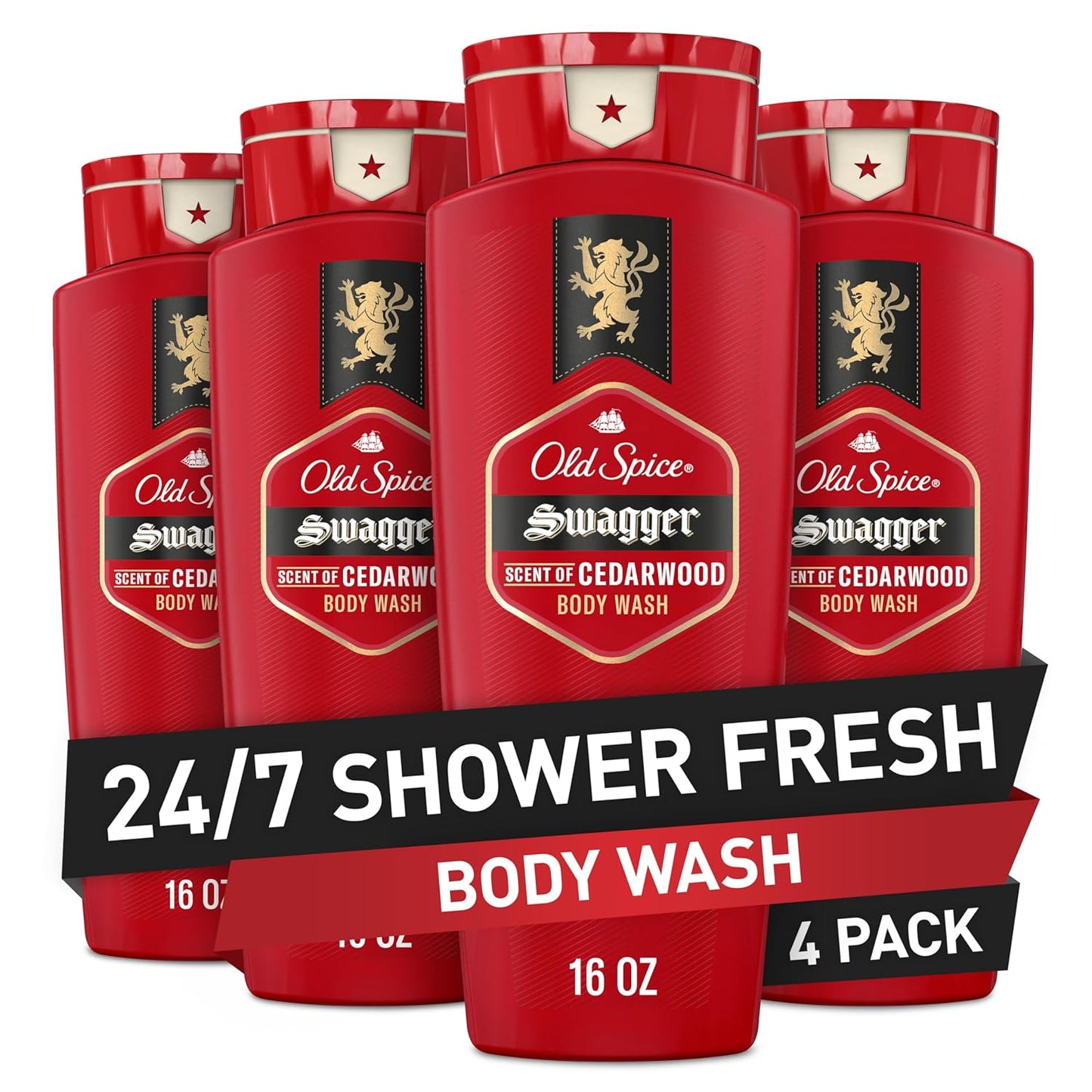 Old Spice Refreshing Body Wash for Men, 3X Defense, 24/7 Shower Fresh with Long Lasting Scent, Red Collection, Swagger with Cedarwood Scent, 16 oz (Pack of 4)