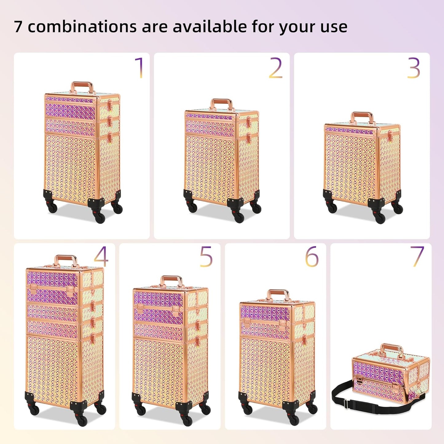 Rolling Makeup Case, Makeup Train Case with Lid, 5 in 1 Cosmetology Case on Wheels, Christmas Gift, Large Makeup Organizers, Profesional Cosmetic Case for Salon Barber, Bright Pink