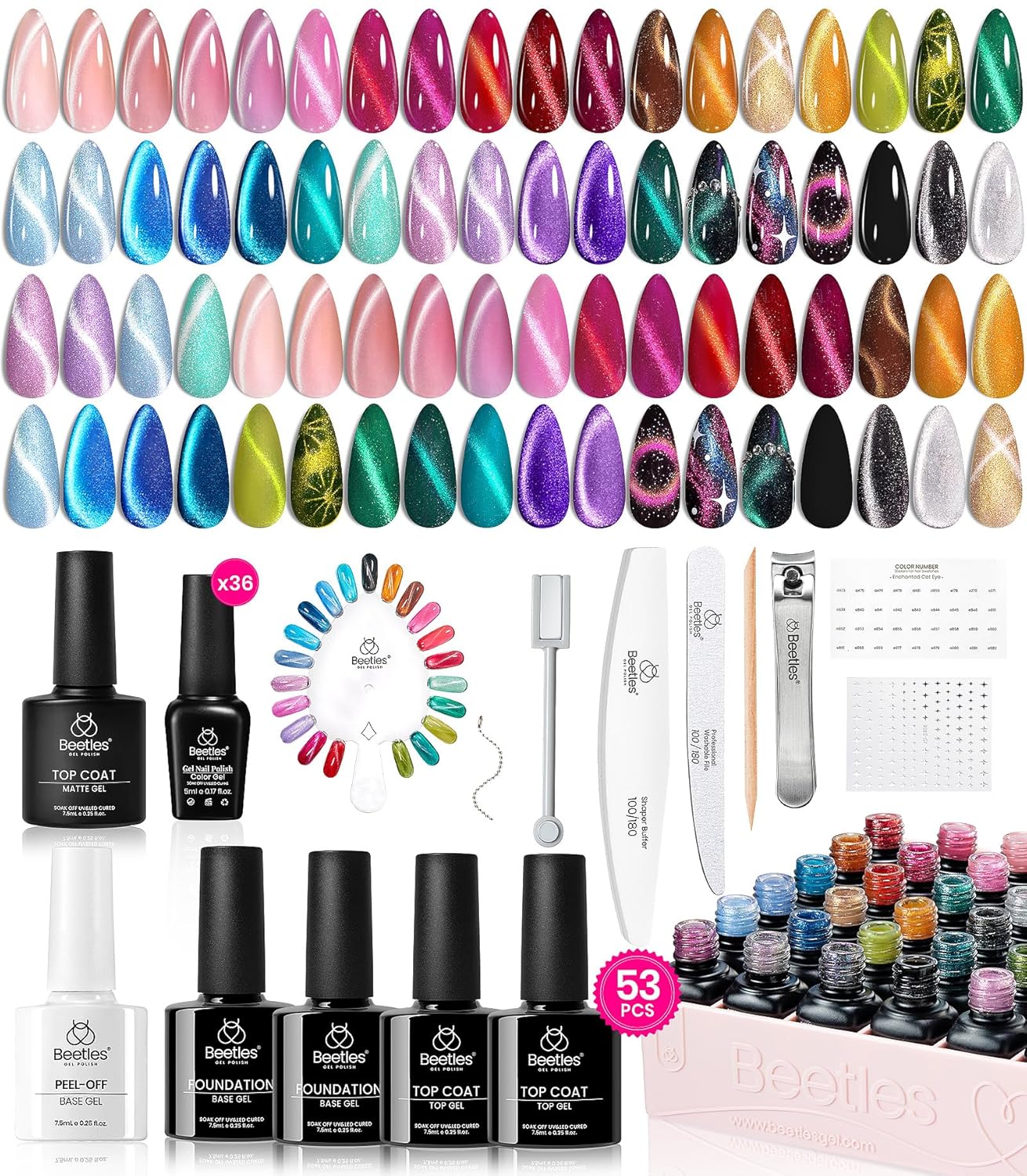 Beetles Cat Eye Gel Nail Polish Set - 36 Colors Red Purple Brown Green Burgundy Magnetic Gel Nail Polish with Magnet Base Coat Glossy Matte Top Coat Soak off UV DIY Nail Art Gift for Women