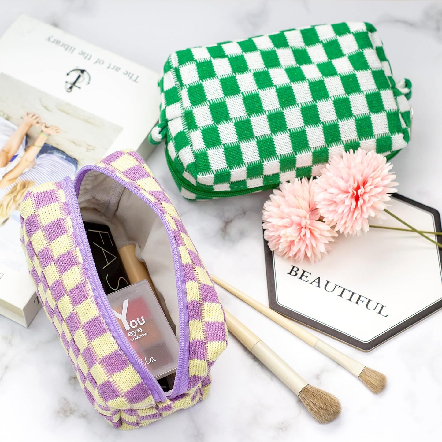 PAZIMIIK Checkered Makeup Bag for Purse Portable Zipper Make Up Pouch Small Cosmetic Case for Travel Accessories (2PCS Purple)