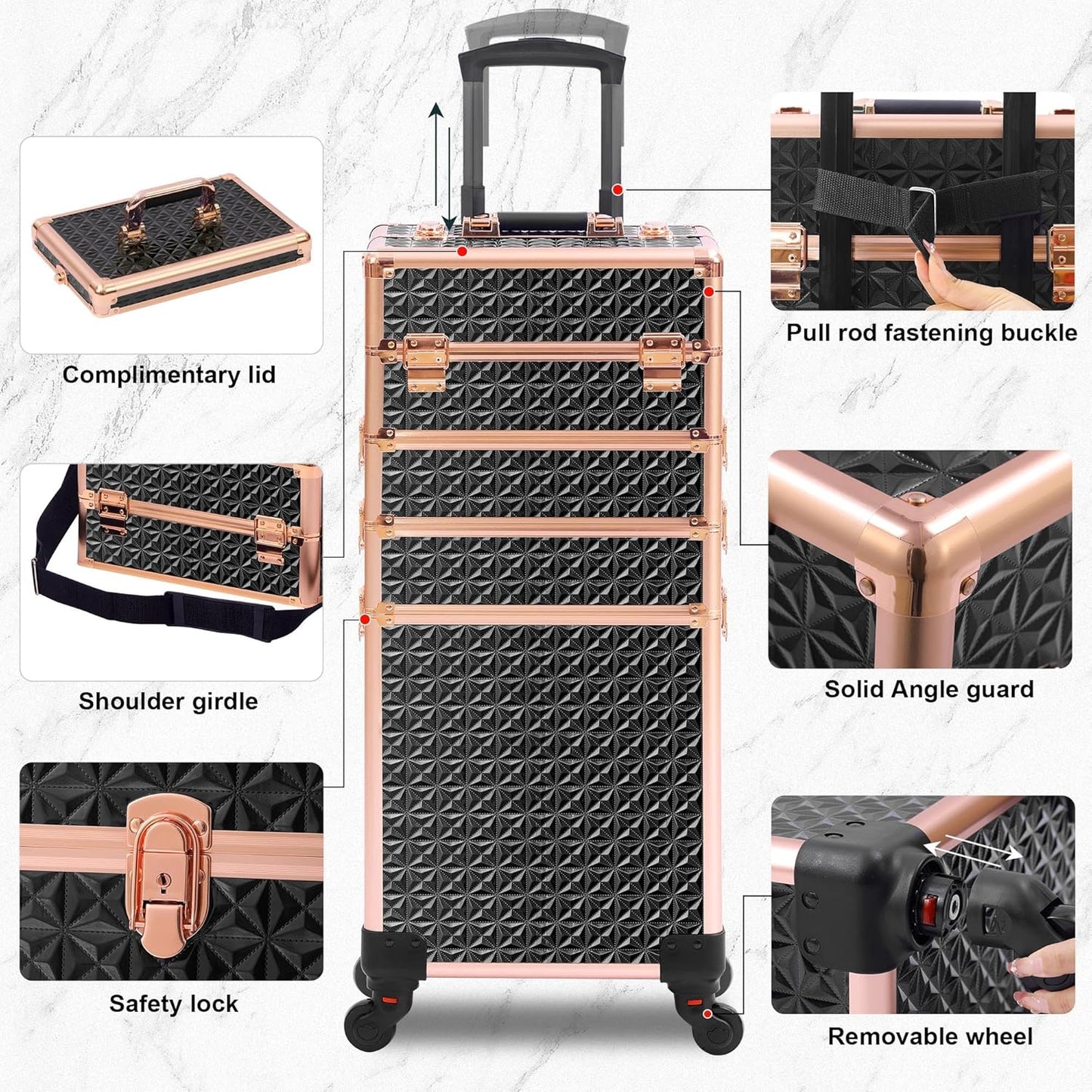 Rolling Makeup Case, Makeup Train Case with Lid, 5 in 1 Cosmetology Case on Wheels, Christmas Gift, Large Makeup Organizers, Profesional Cosmetic Case for Salon Barber, Black gold