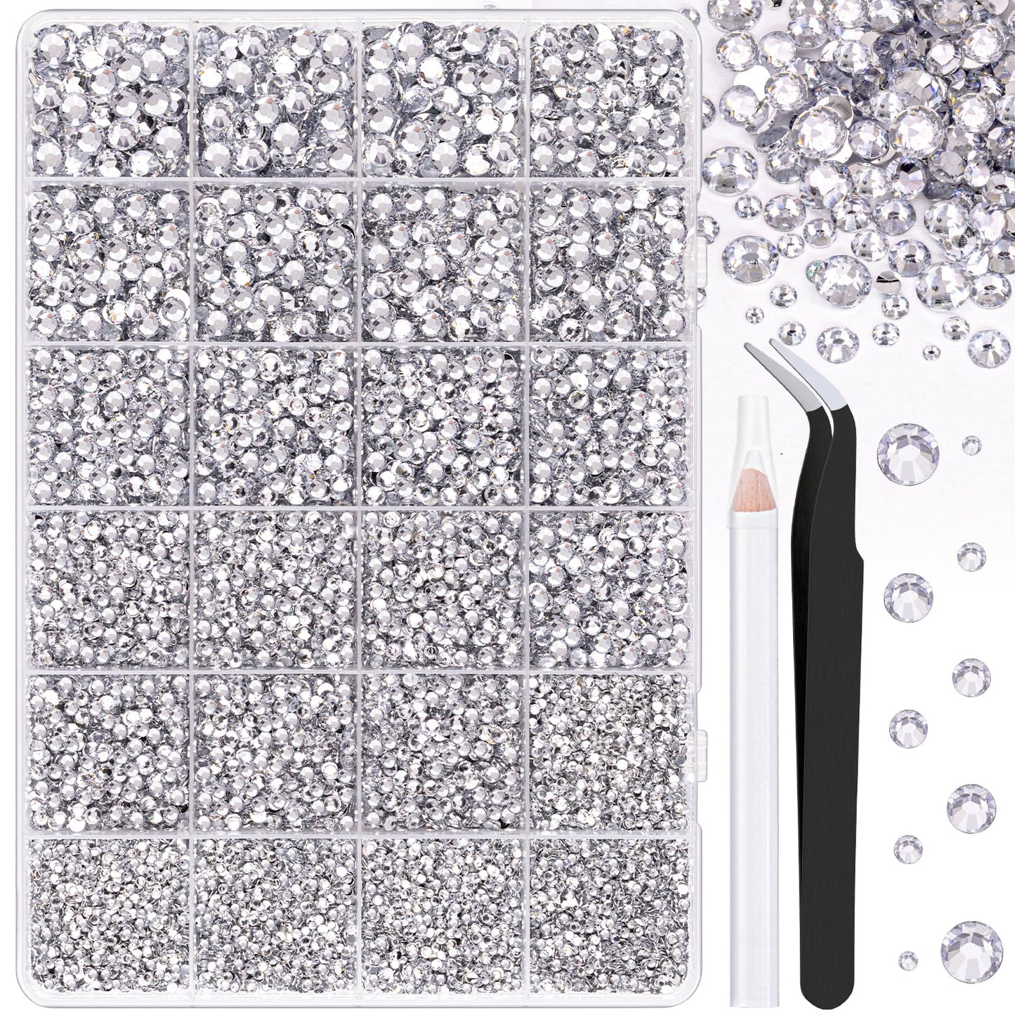 25000Pcs Resin Rhinestones with Tweezers for Crafting, Silver Clear 2-6mm Mixed Sizes Flatback Gems, Bedazzling Crystal for DIY Crafts Clothing Tumblers Mugs Shoes Fabric Decor Nail Art