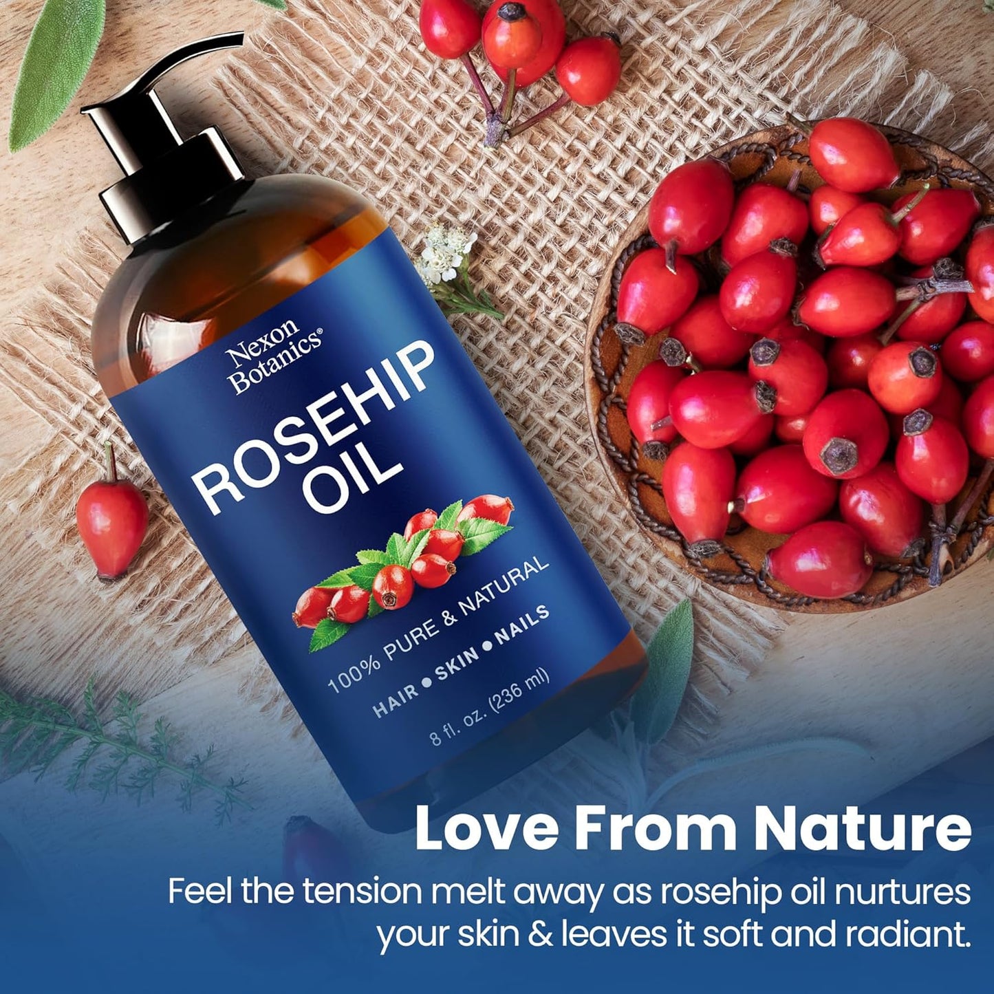 Rosehip Oil for Face 8 fl oz - Rosehip Seed Oil for Gua Sha, Massage, and Skin Care - Aceite de Rosa Mosqueta - Nexon Botanics