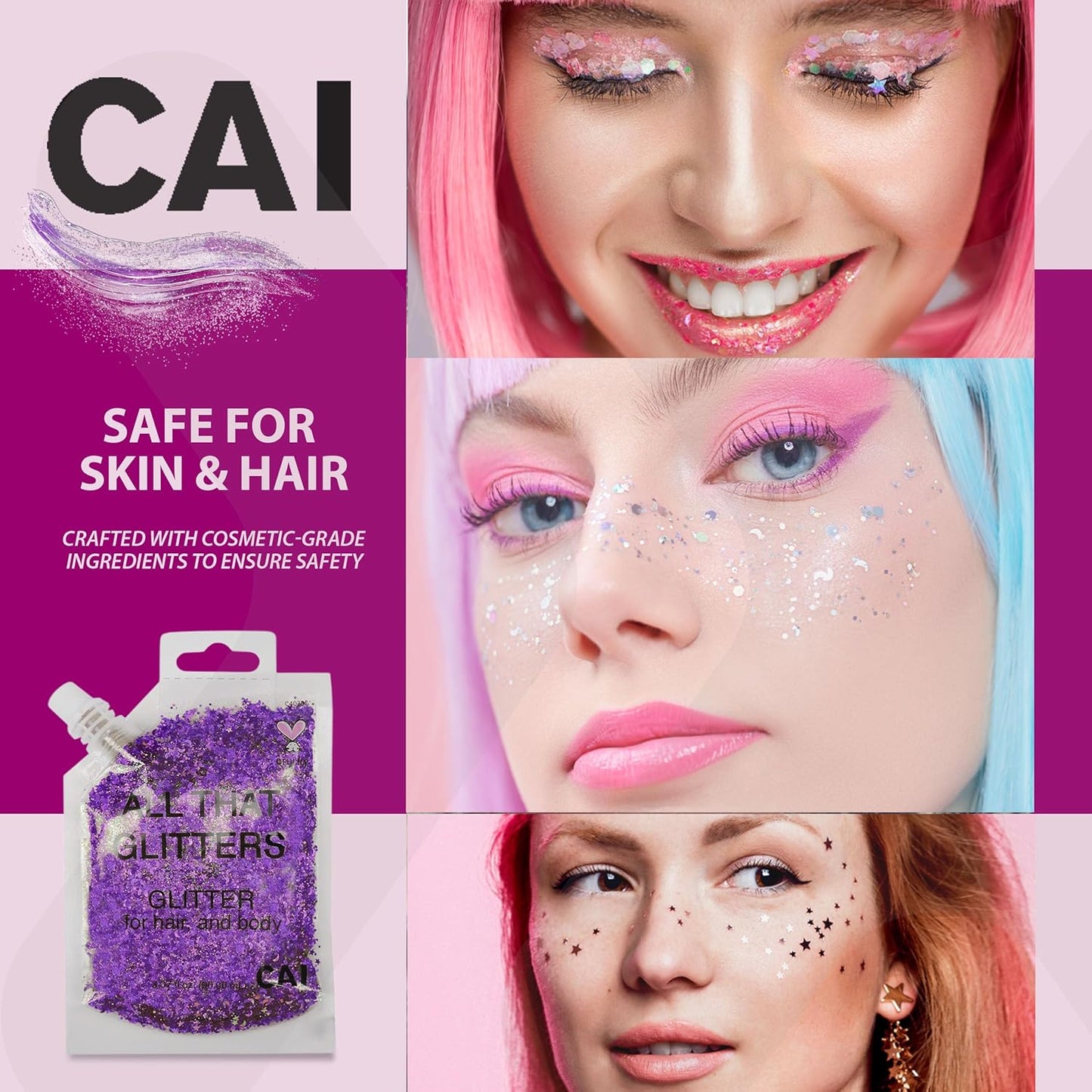 Face, Body & Hair Glitter Gel – Halloween Glitter for Kids and Women – 3 Oz Cosmetic-Grade Gel w/Moon & Stars for Festivals & Halloween Party, Easy Apply & Wash Off - Violet 2Pack