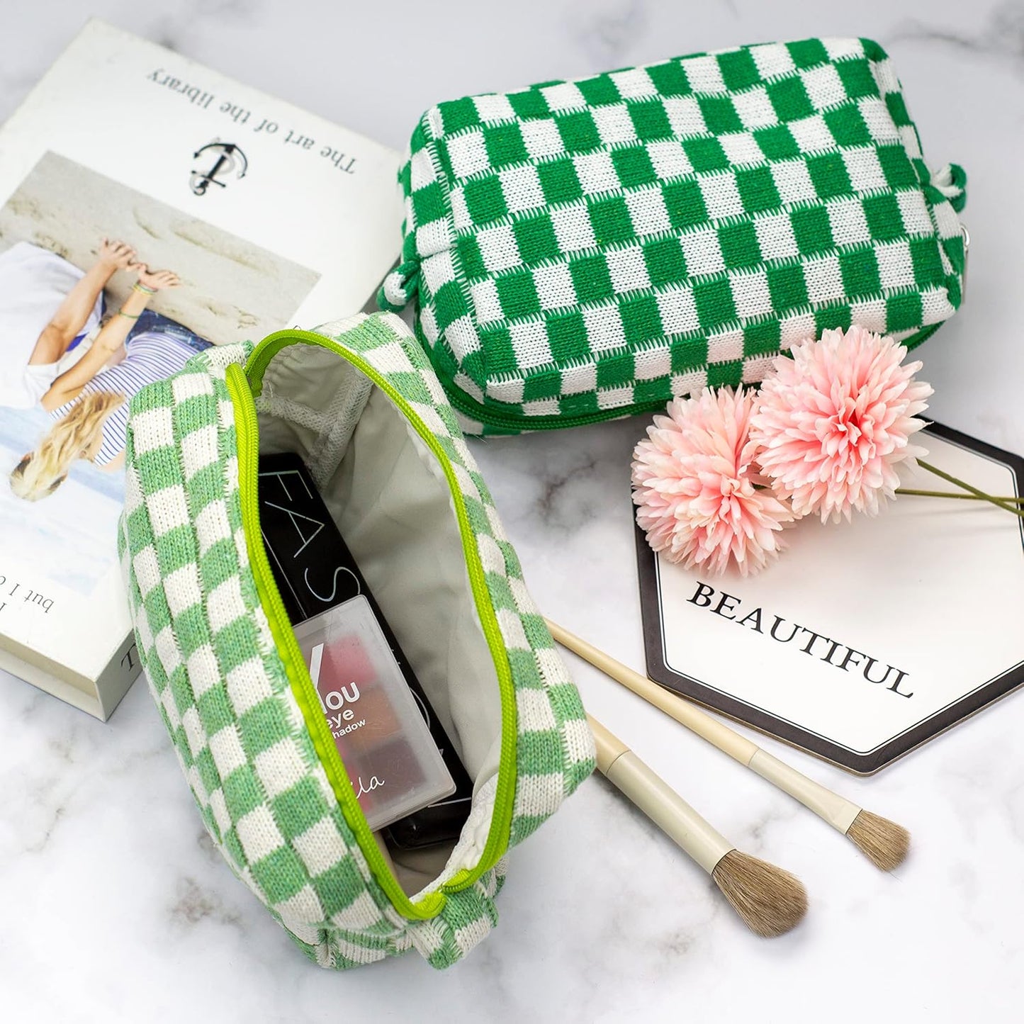 PAZIMIIK Checkered Makeup Bag for Purse Portable Zipper Make Up Pouch Small Cosmetic Case for Travel Accessories (2PCS Light Green)