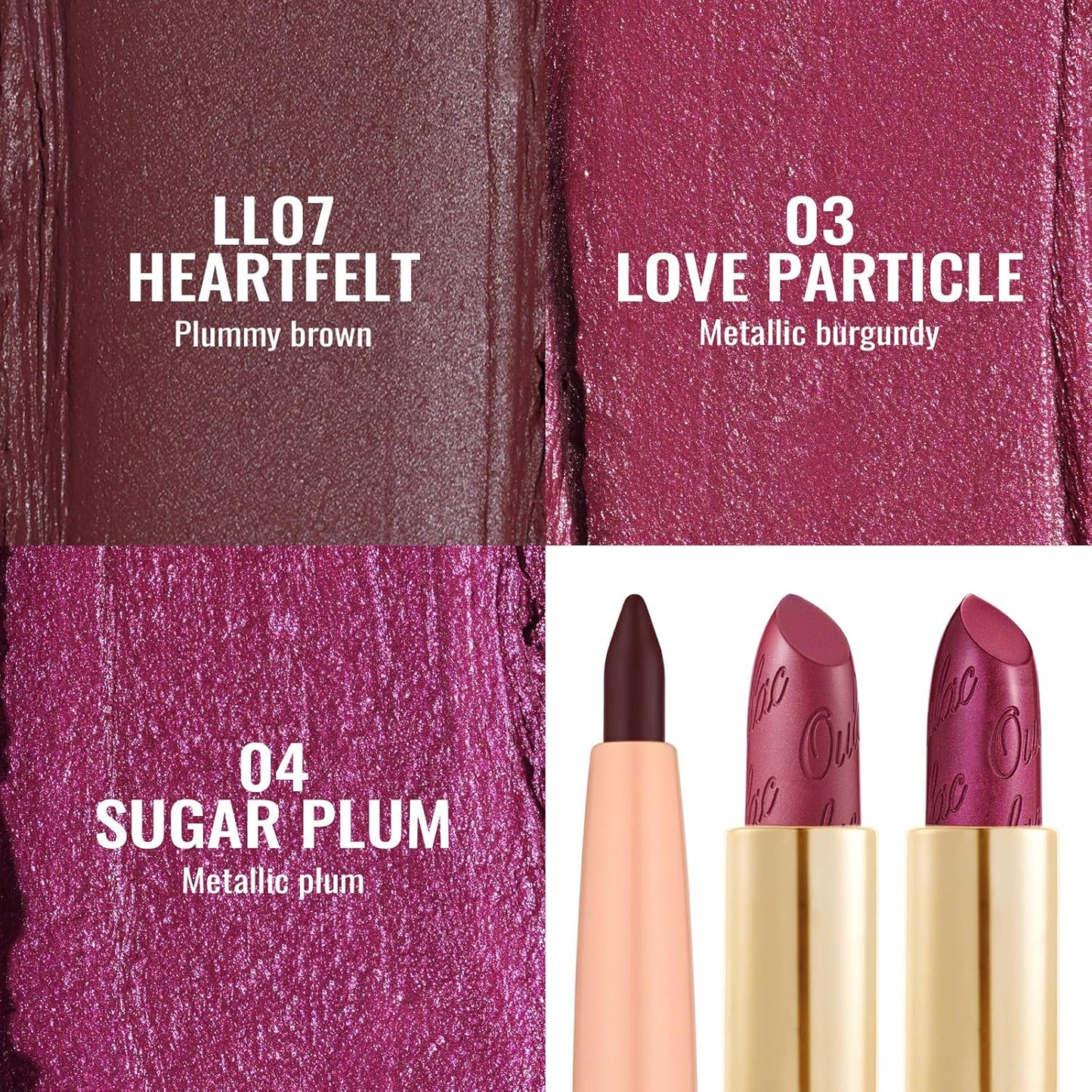 Oulac Red Lipstick & Lipliner Set High Impact Lipcolor with Moisturizing Formula, Vegan Beauty, Full-Coverage Lip Color, Gift Lipstick for Women, 4.3g X 3PCS, LL07+03+04
