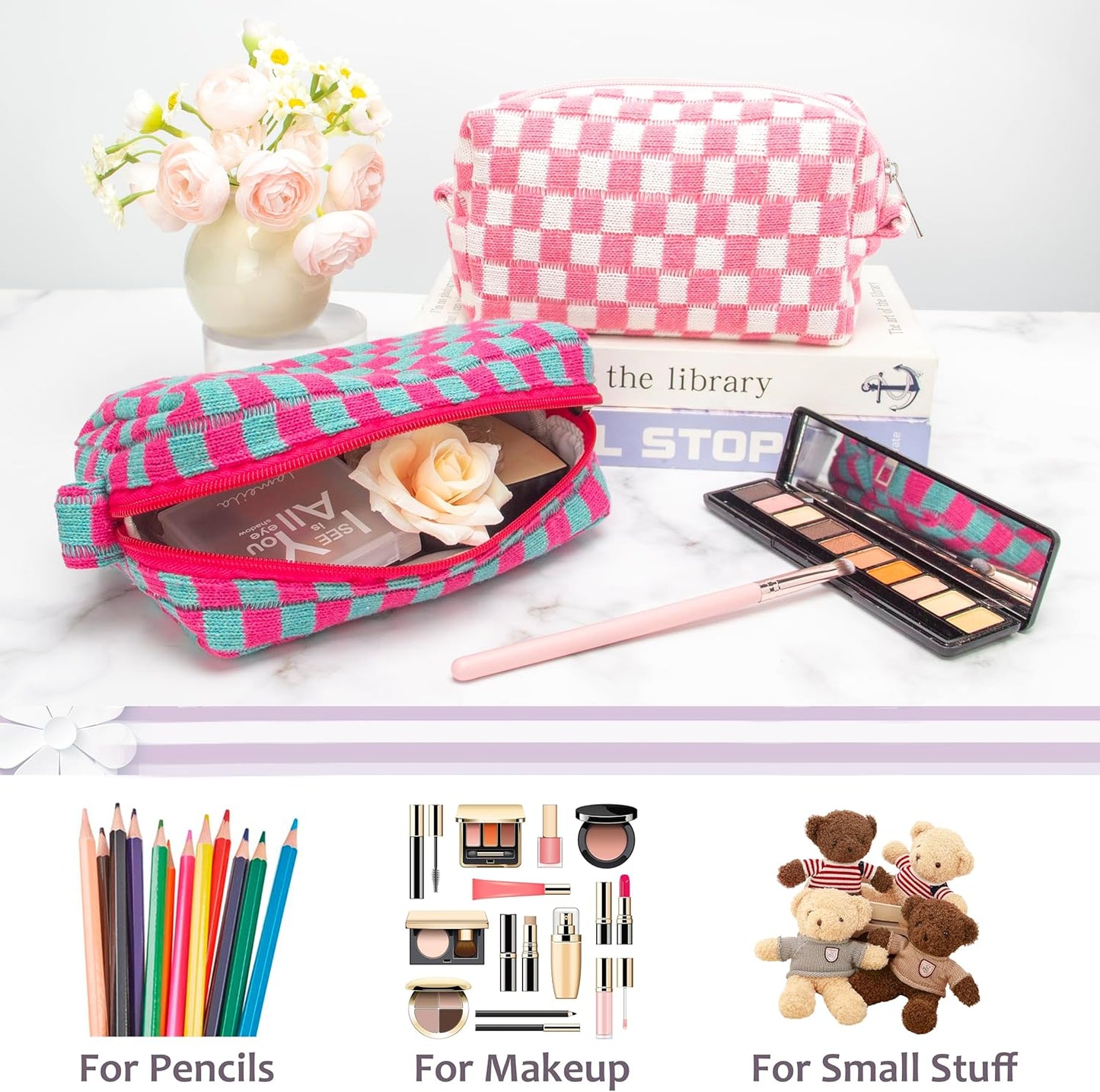 PAZIMIIK Checkered Makeup Bag for Purse Portable Zipper Make Up Pouch Small Cosmetic Case for Travel Accessories (2PCS Magenta Green)
