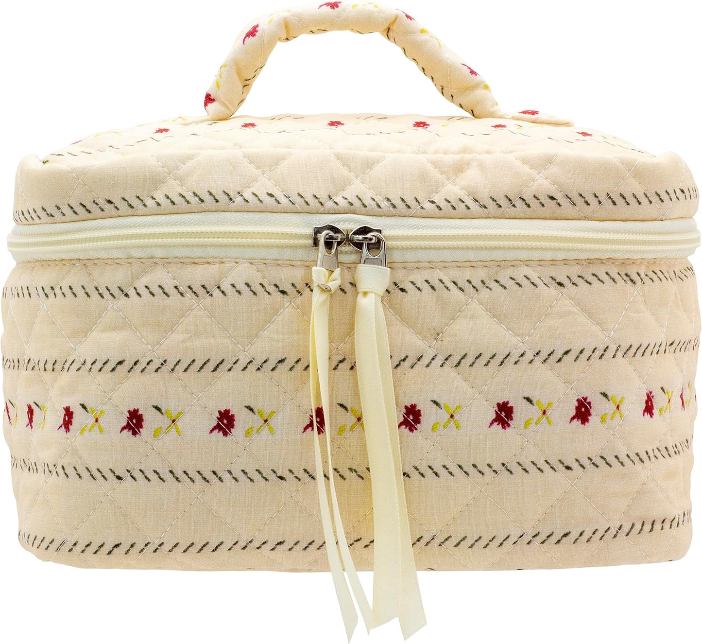 PAZIMIIK Quilted Makeup Bag Large Travel Zipper Soft Cosmetic Case for Women Girls Make Up,Little Flower Beige