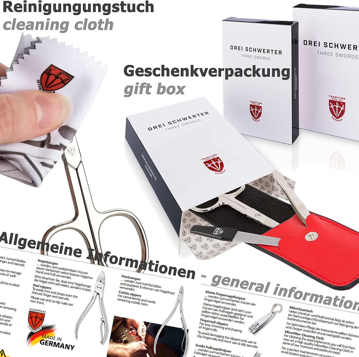 3 Swords Germany - brand quality 10 piece manicure pedicure grooming kit set for professional finger & toe nail care scissors clipper fashion leather case in gift box, Made by 3 Swords (03614) Red