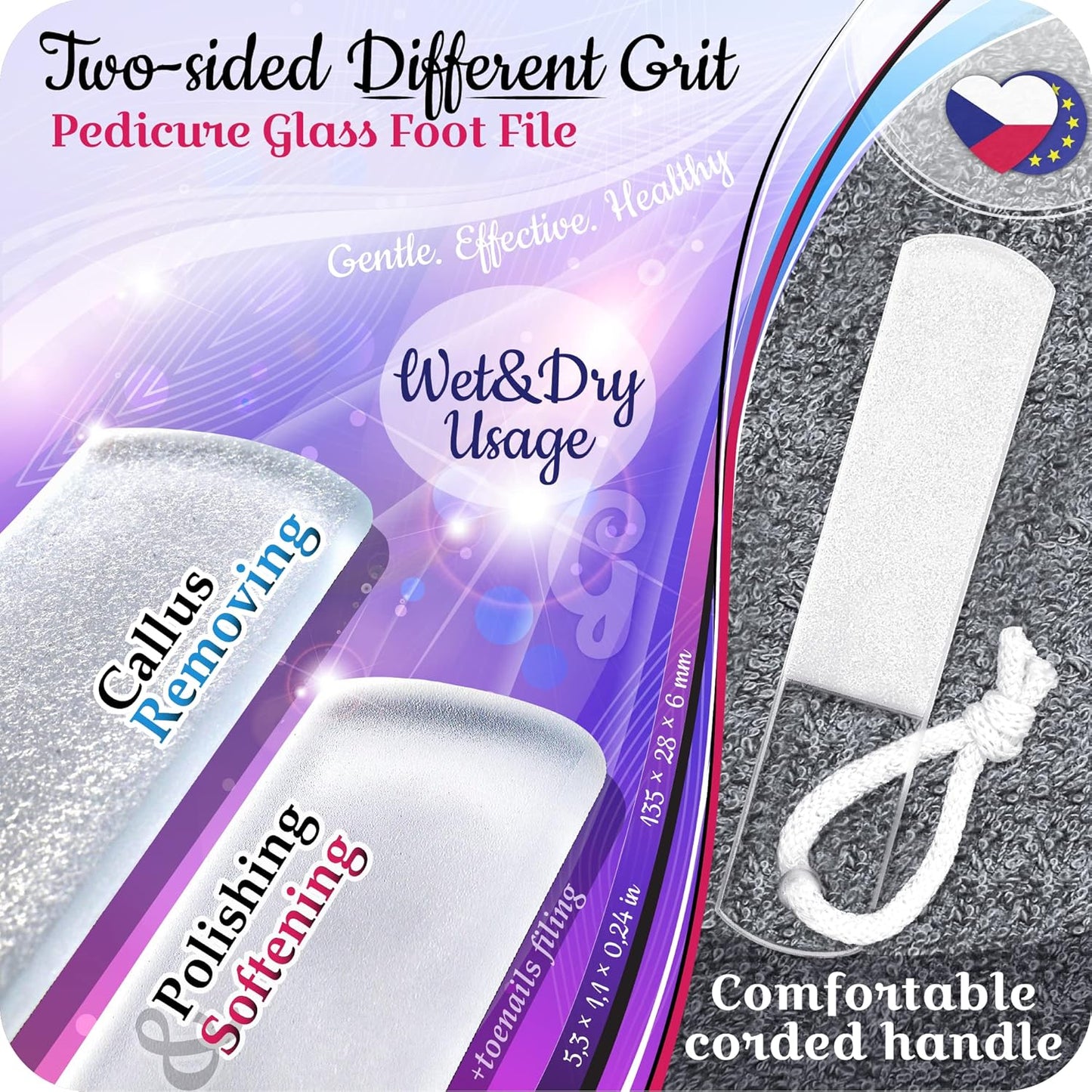 GLADZY Genuine Czech Glass Nail File Set - Callus Remover Foot Rasp, Double Sided Different Grit Surface, Professional Manicure and Pedicure Tools for Natural Nails, Nail Shaper, Ethically Made in EU