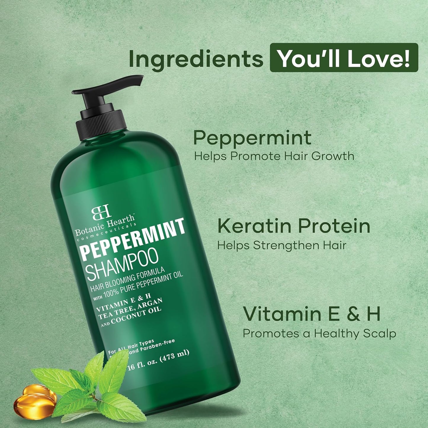 Botanic Hearth Peppermint Oil Shampoo | Hair Blooming Formula With Keratin For Thinning Hair | Fights Hair Loss, | Sulfate Free For Men And Women | 16 Fl Oz