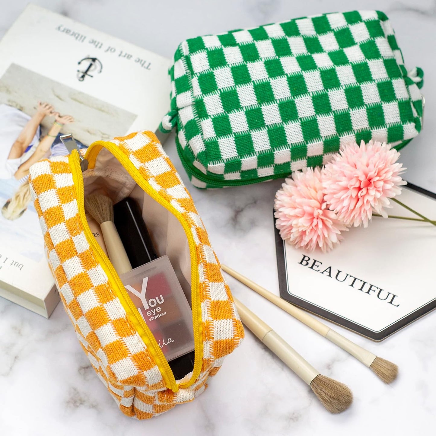 PAZIMIIK Checkered Makeup Bag for Purse Portable Zipper Make Up Pouch Small Cosmetic Case for Travel Accessories (2PCS Orange)
