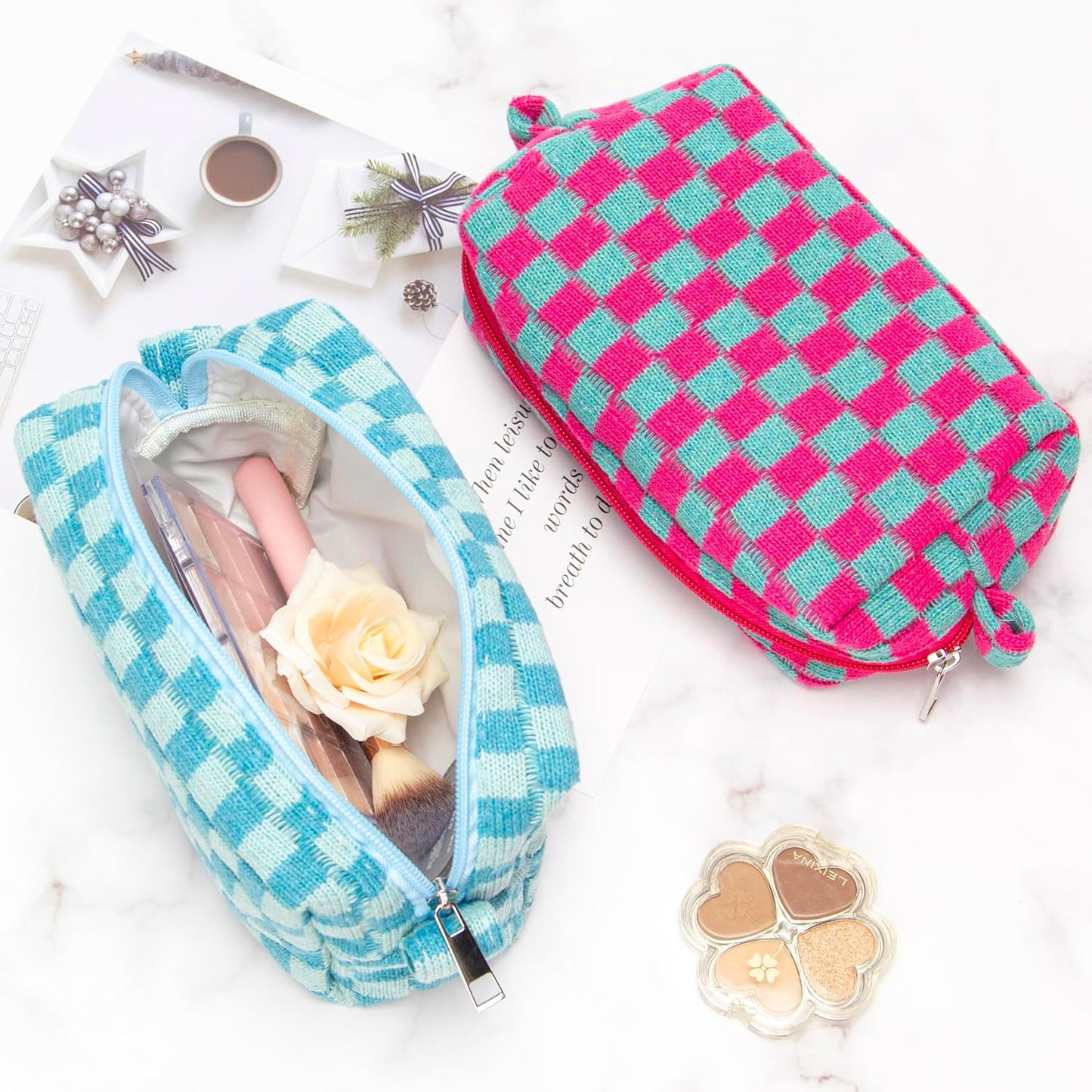 PAZIMIIK Checkered Makeup Bag for Purse Portable Zipper Make Up Pouch Small Cosmetic Case for Travel Accessories (2PCS Lake Blue)