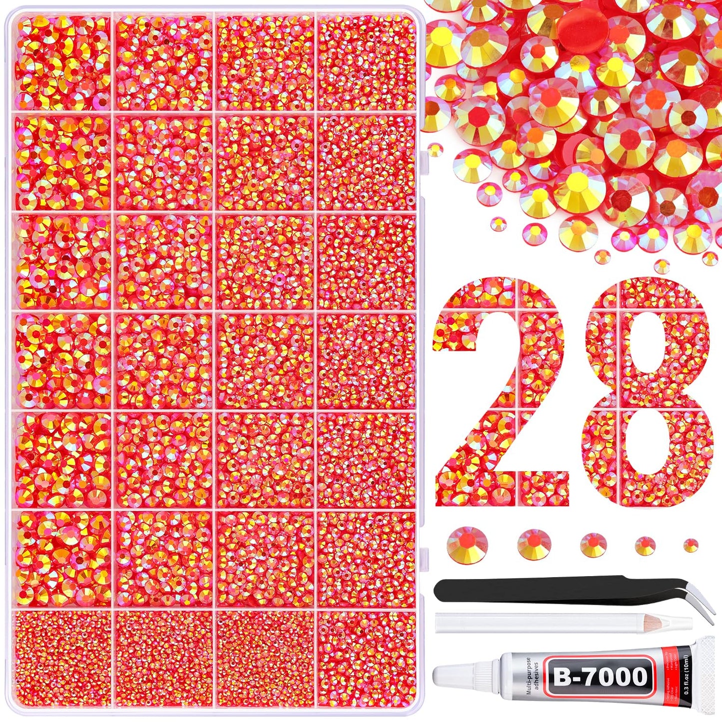 30000Pcs Resin Rhinestones for Bedazzling with Tweezers, Red AB Rhinestones for Crafting with B7000 Jewelry Glue for DIY Crafts Clothing Tumblers Shoes Fabric Nail Art
