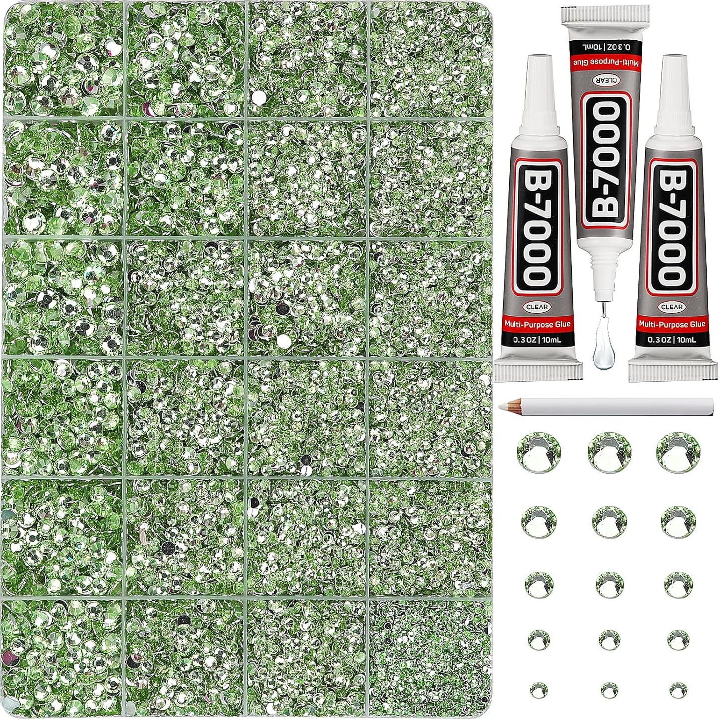30000Pcs Resin Rhinestones Set for Crafting Bedazzling, Light Green Flatback Gems Jewels for Crafts Clothes Shoes Fabric Outfit Nails Makeup, Flat Back Sage Green Crystal 2-6mm with b 7000 Glue
