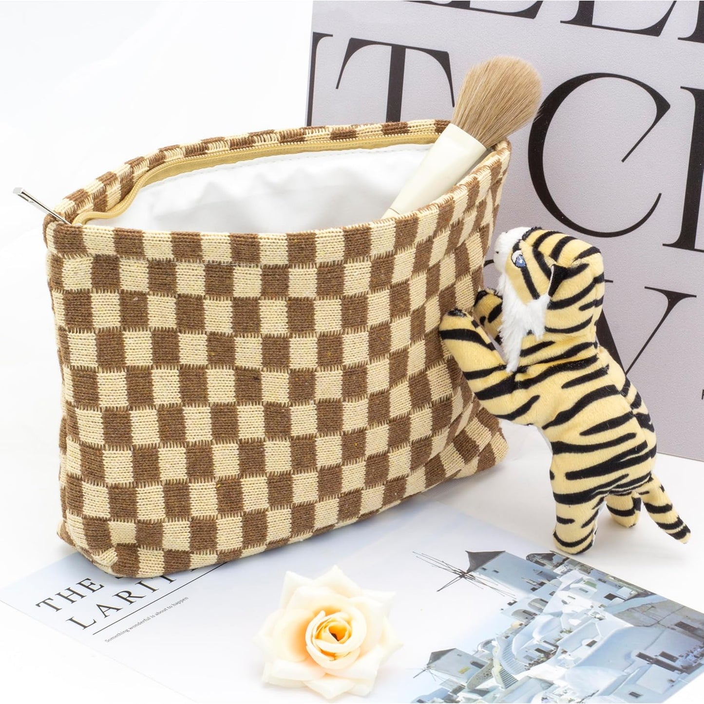 PAZIMIIK Knitted Checkered Makeup Bag Large Zipper Make Up Accessory Pouch for Purse Cosmetic Brush Bag for Travel Essential,Coffee