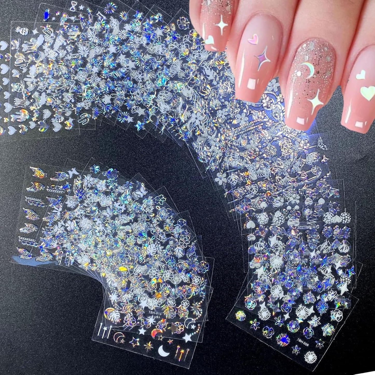 30 Sheets Aurora Flower Nail Art Stickers 3D Self Adhesive Flower Nail Stickers Aurora Moon Star Nail Decals Leaf Heart Nails Art Supplies Charms for Women Manicure Tips Decoration
