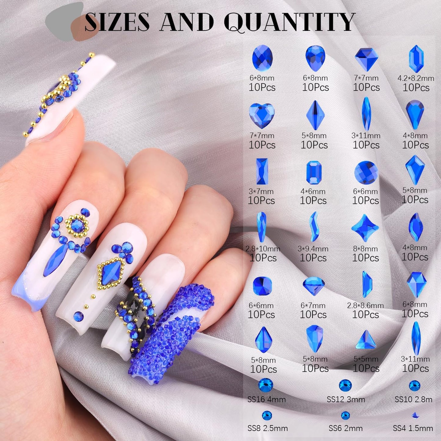 2750Pcs Royal Blue Glass Rhinestones 240Pcs Multi Shapes Flatback Gems + 2510Pcs 1.5-4mm Round Crystal, Manicure Charms Diamond Gemstones for Acrylic Nails Decoration