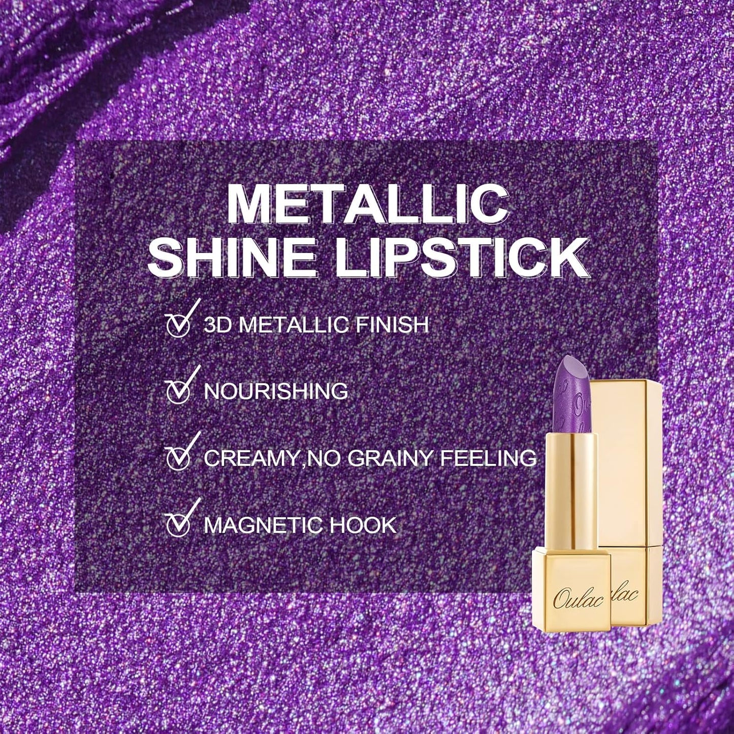 Oulac Purple Lipstick for Women with Metallic 3D Shine, Lightweight Hydrating Formula, High-Impact Lip Color, Vegan Beauty, Full Coverage Lip Makeup, Royal Sash (16)