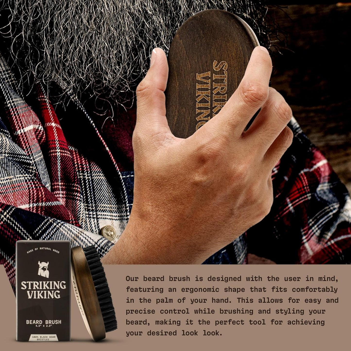 Striking Viking Beard Brush for Men - 4.3-Inch Beech Wood Handle, Brown - Boar Bristle Beard Brush, Travel Size Detangler & Static Reducer