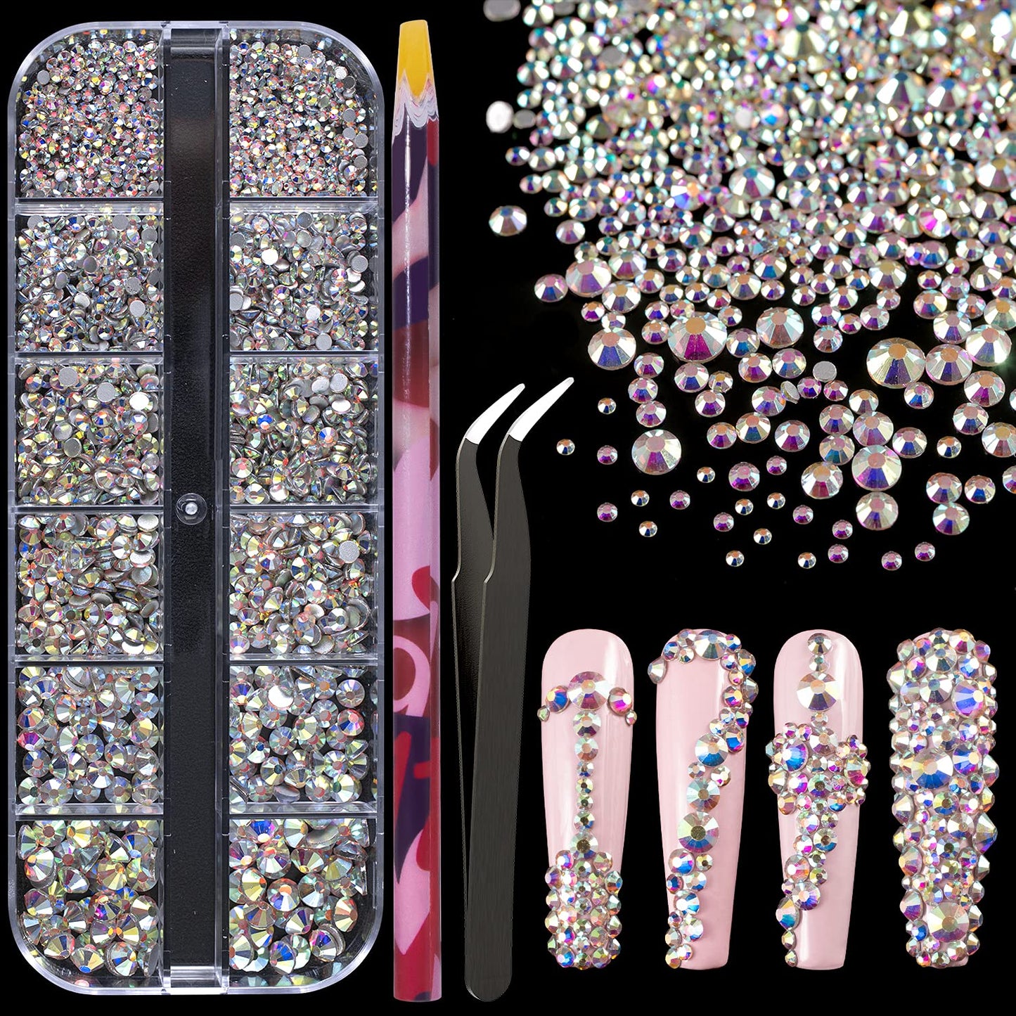 6 Sizes AB Glass Crystal Kit with Pickup Pen + Tweezer Tools for Iridescent Shine Nail Art Manicure Makeup DIY Decoration Flatback Round Rhinestone Gem Jewelry Diamond